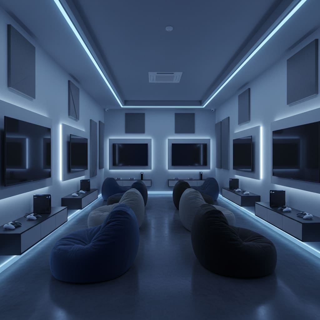 Modern PlayStation gaming lounge with PS5/PS4 stations and blue ambient lighting