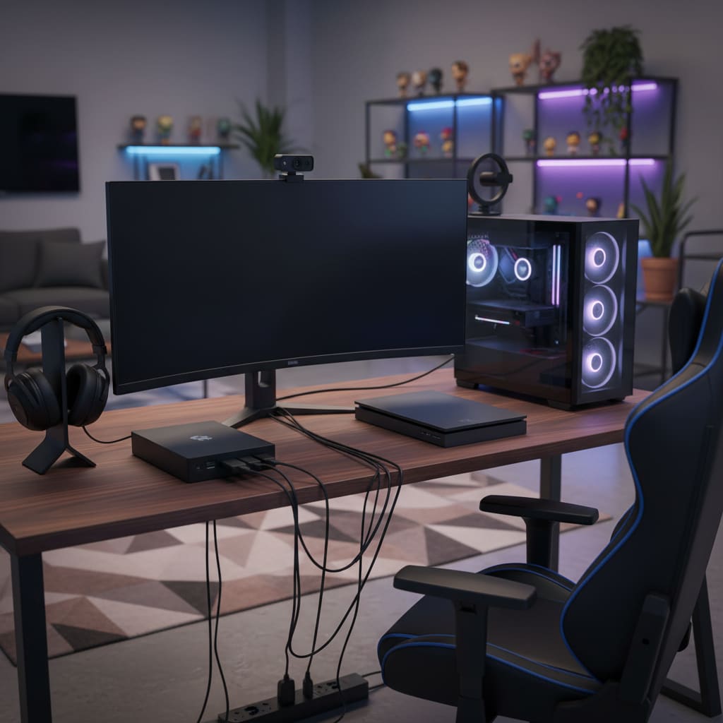 Streaming desk with capture setup in the lounge