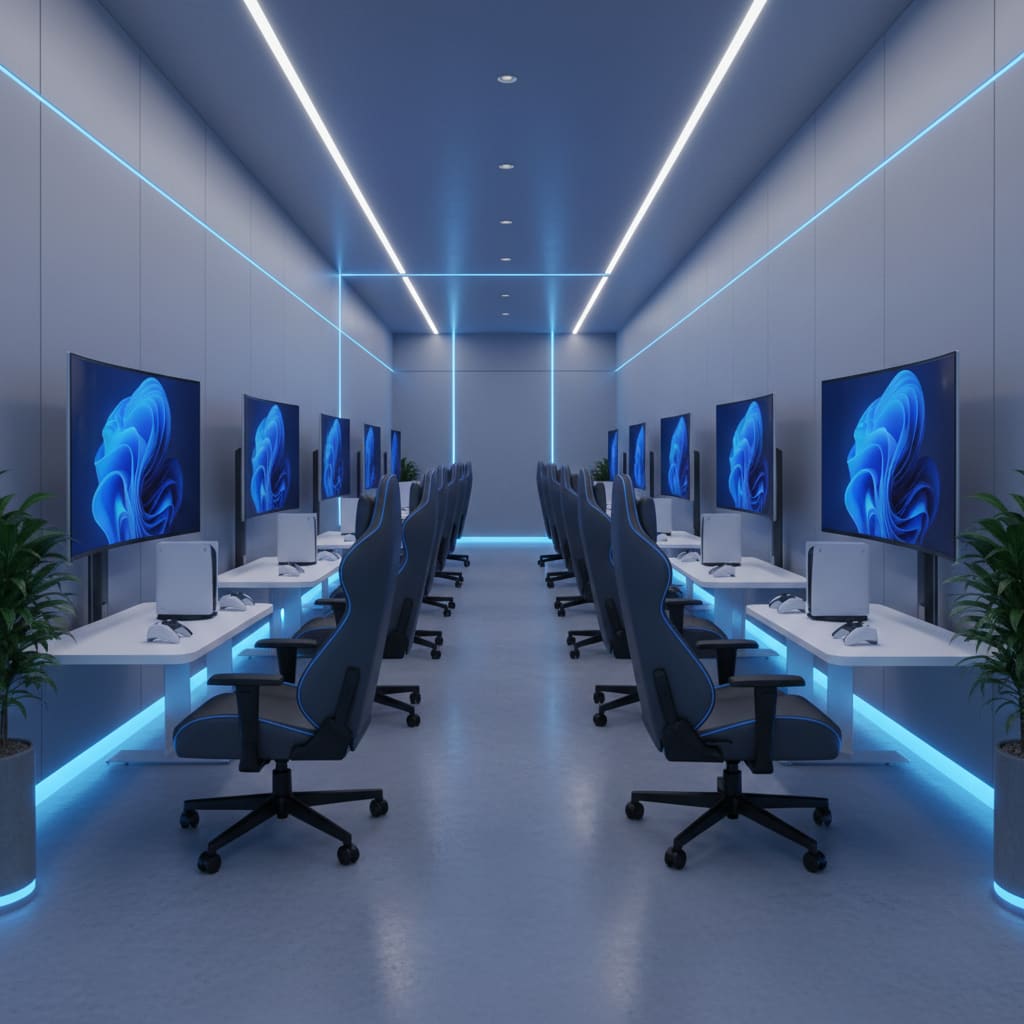 Row of PS5 gaming stations with large screens