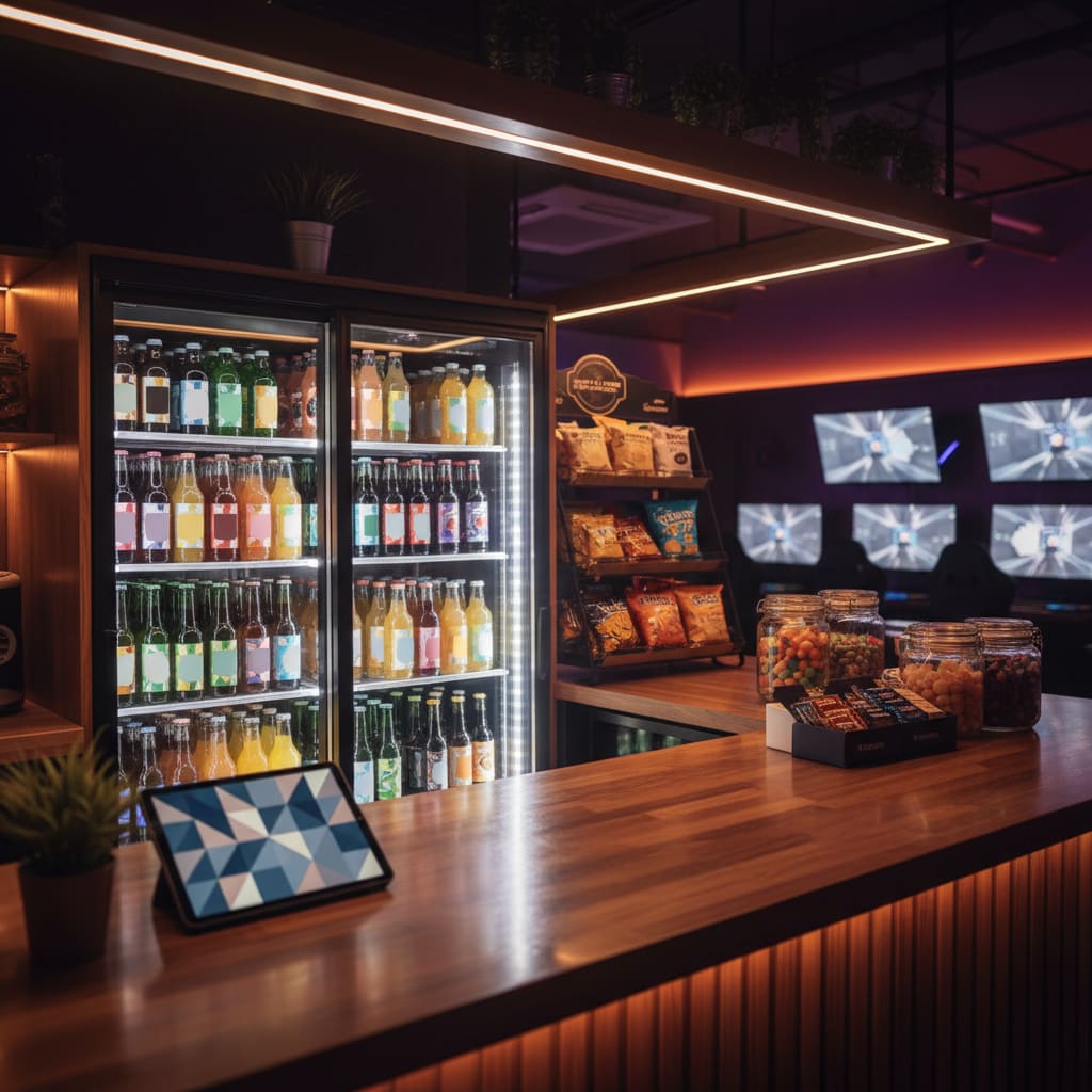 Snack bar with soft drinks and packaged snacks